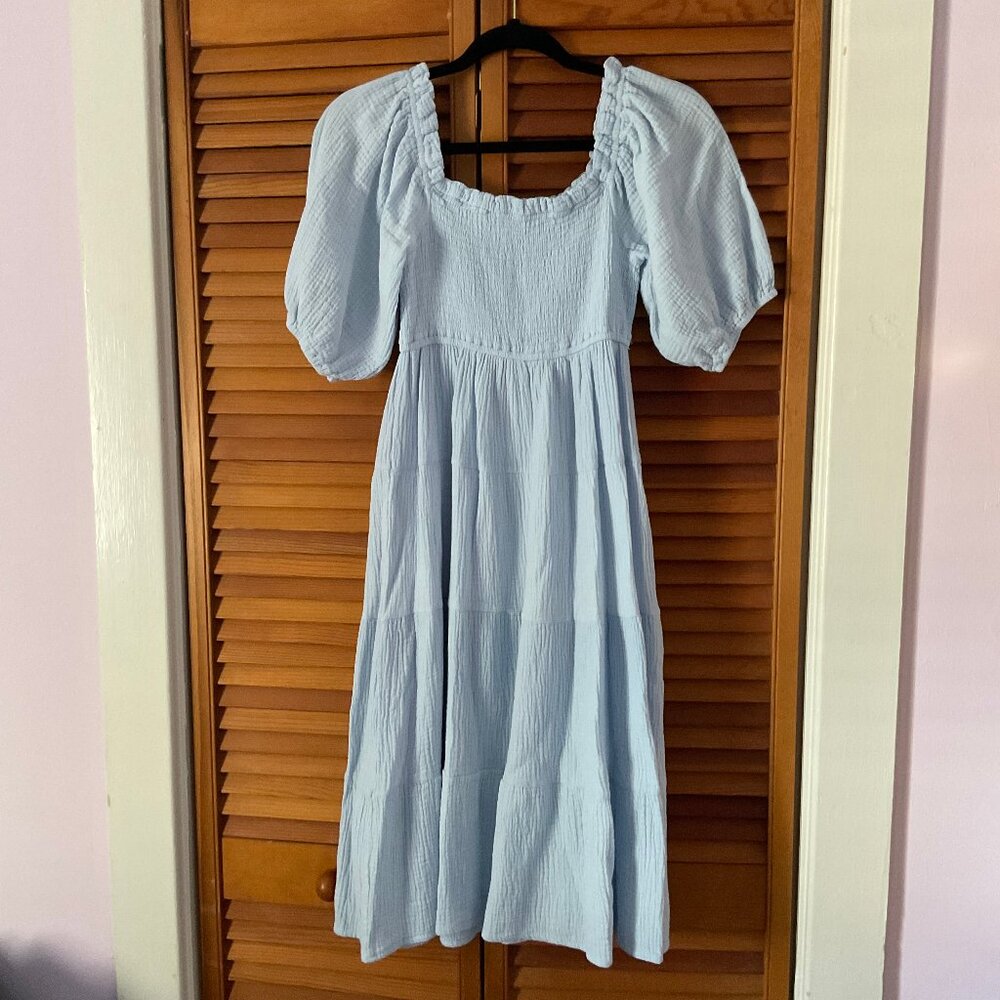 R. Vivimos Cotton Stretchy Smocked Lantern Sleeve Midi Dress S 4/6 Sky Blue